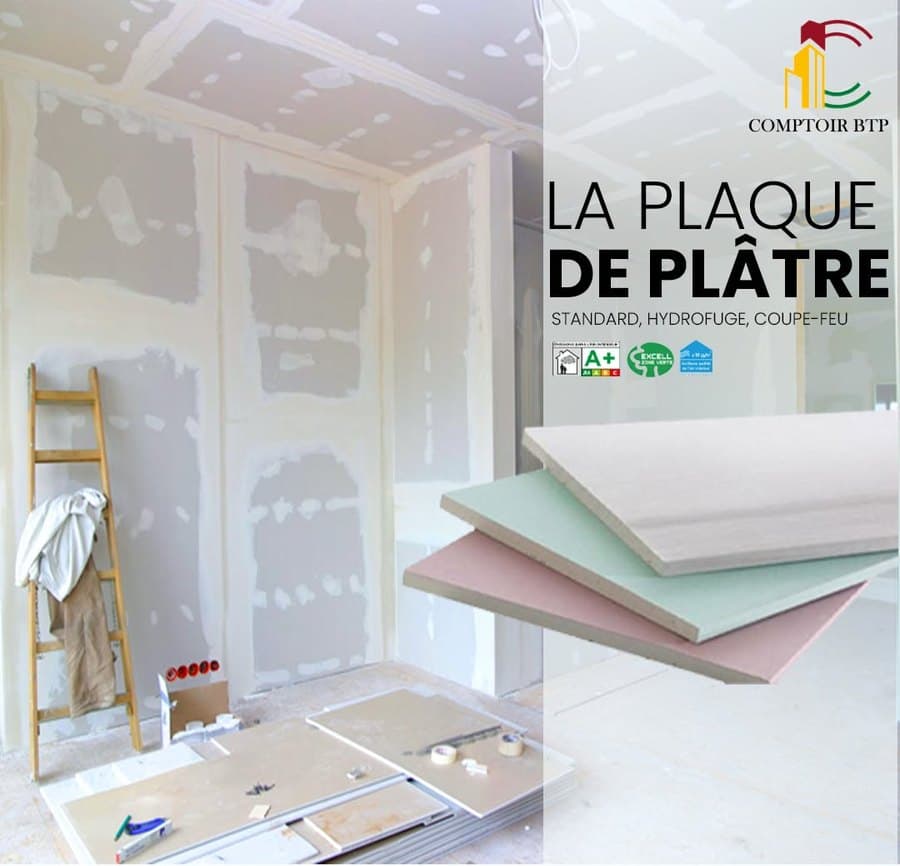 Plaques de plâtre livrées à Comptoir BTP : standard, hydrofuge et coupe-feu